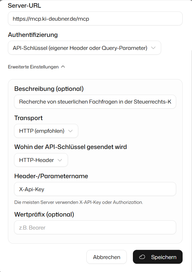 DeutschlandGPT – Eigenen MCP-Server hinzufügen: Server-URL, Authentifizierung und erweiterte Einstellungen